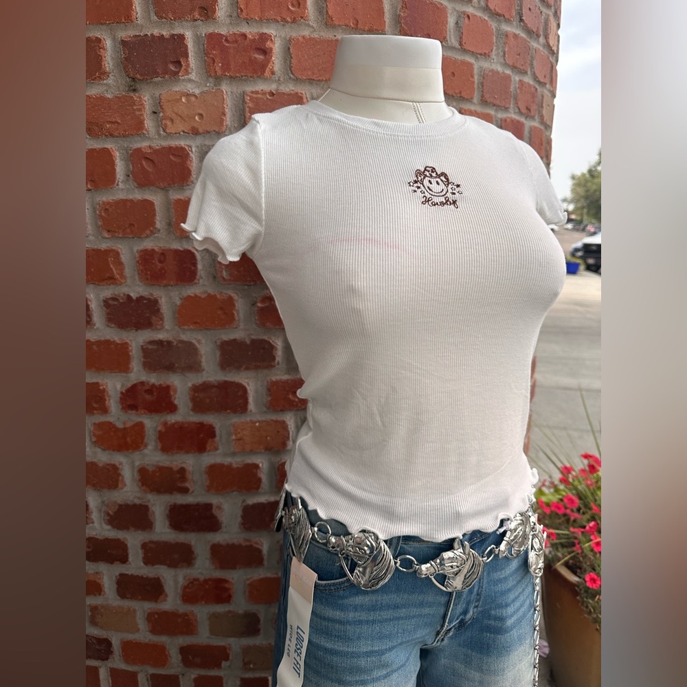 Howdy Ribbed Western Cropped White Embroidered Baby Tee